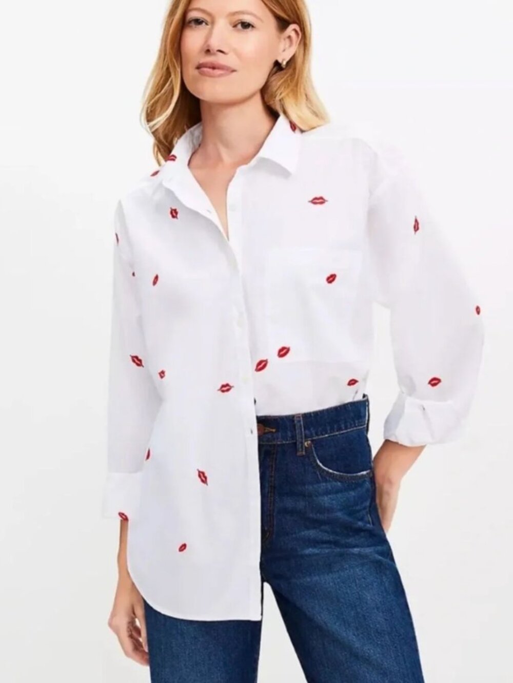 LOFT NWT White Button-Down Shirt with Red Lip Print - Large
